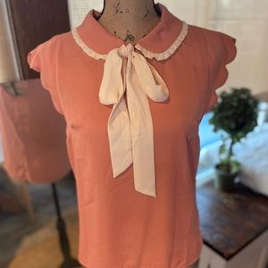 Milk & Honey Peach Bow Tie Frilly blouse S NWOT